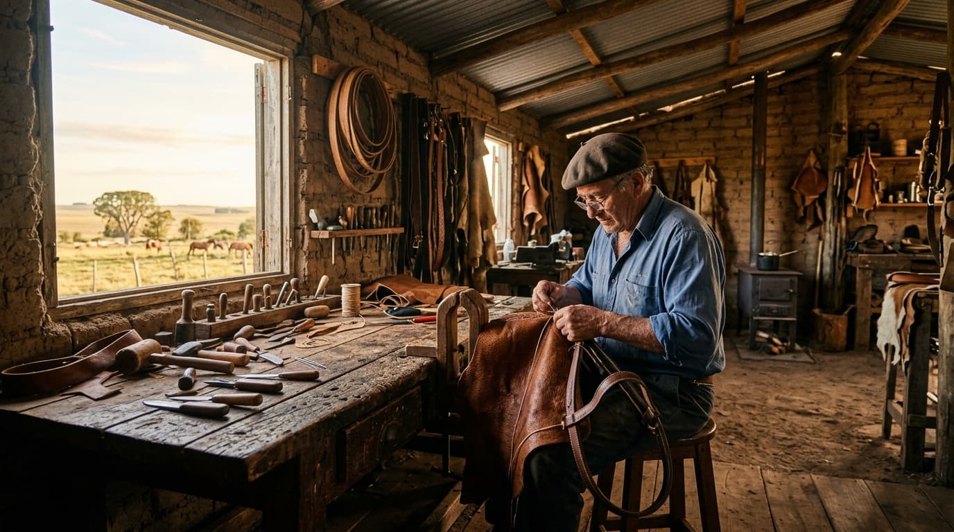 Taller de talabartería en el campo argentino